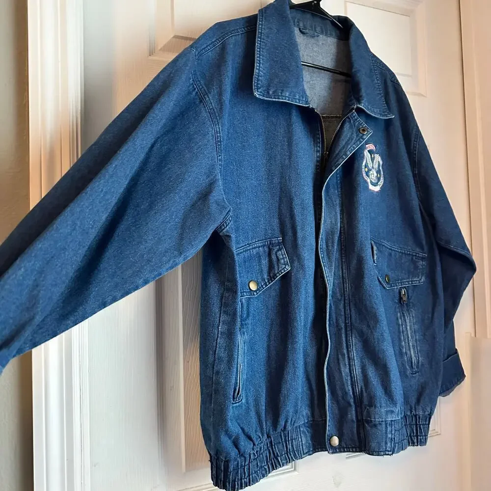 Men's World War II Veteran Blue Jean Denim Jacket Size XL Embroidered Heavy